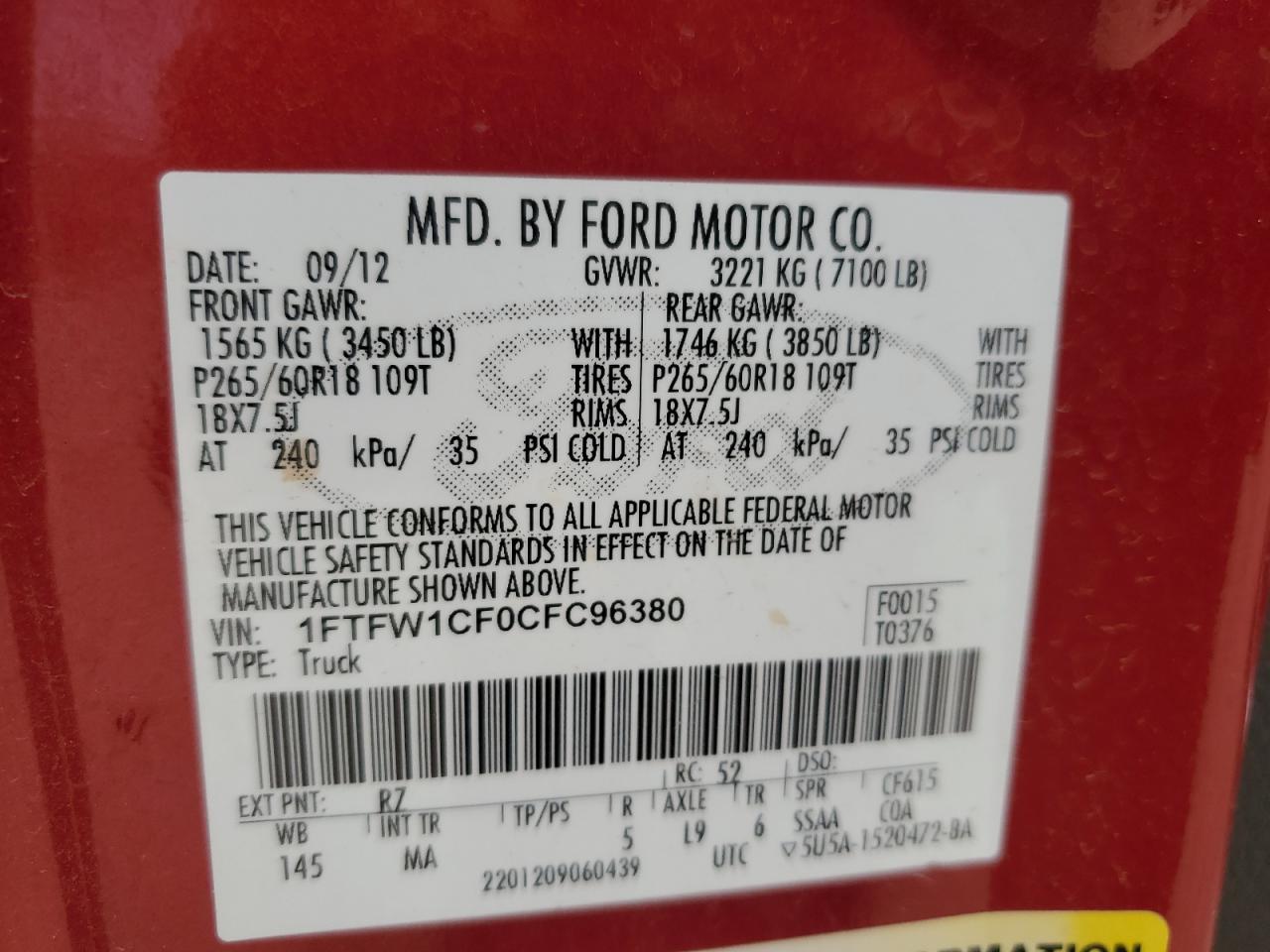 2012 Ford F-150 VIN 1FTFW1CF0CFC96380 Copart auction photo, front end / side damage thumbnail 13