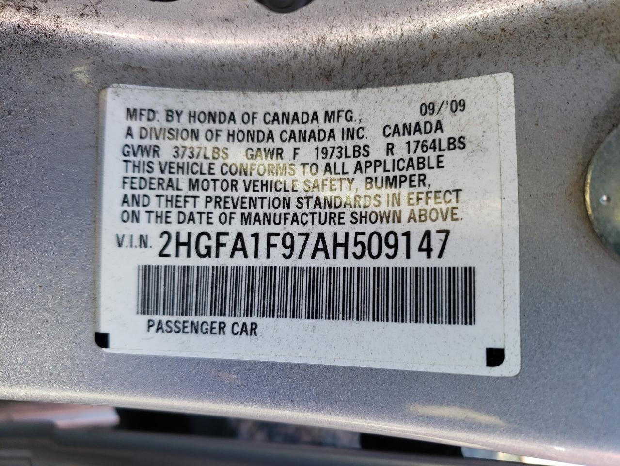 2010 Honda Civic VIN 2HGFA1F97AH509147 Copart auction photo, rear end damage thumbnail 13