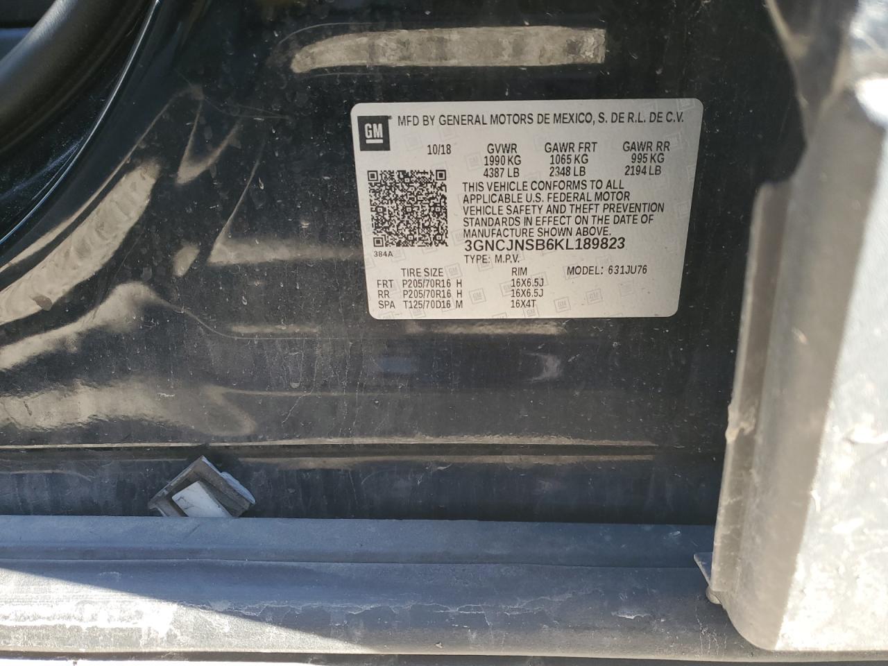 2019 Chevrolet Trax VIN 3GNCJNSB6KL189823 Copart auction photo, front end damage thumbnail 15