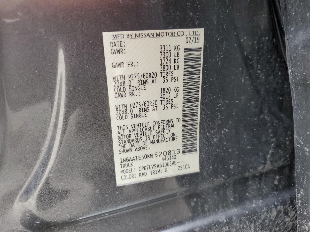 2019 Nissan Titan VIN 1N6AA1E50KN520813 Copart auction photo, front end damage thumbnail 14