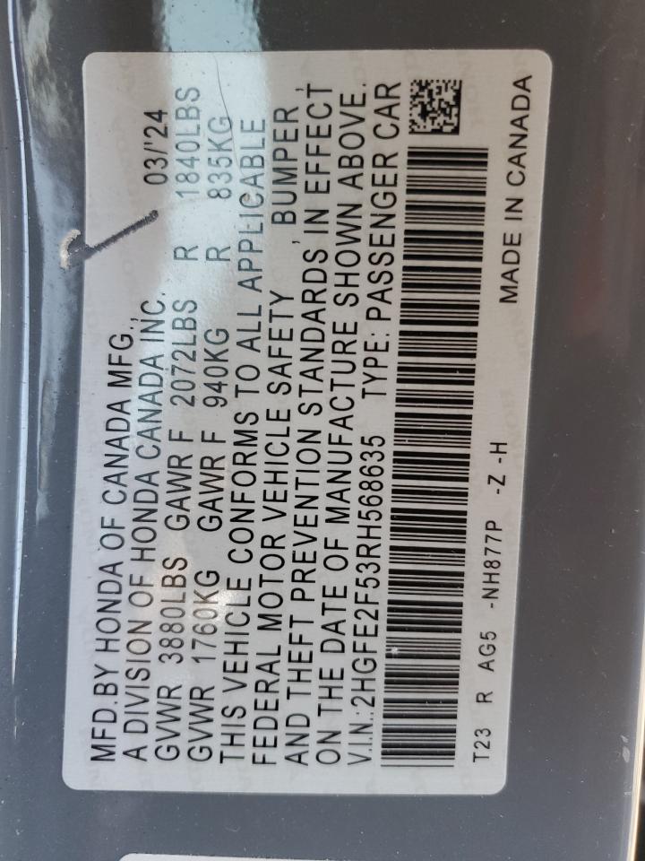 2024 Honda Civic VIN 2HGFE2F53RH568635 Copart auction photo, front end damage thumbnail 14