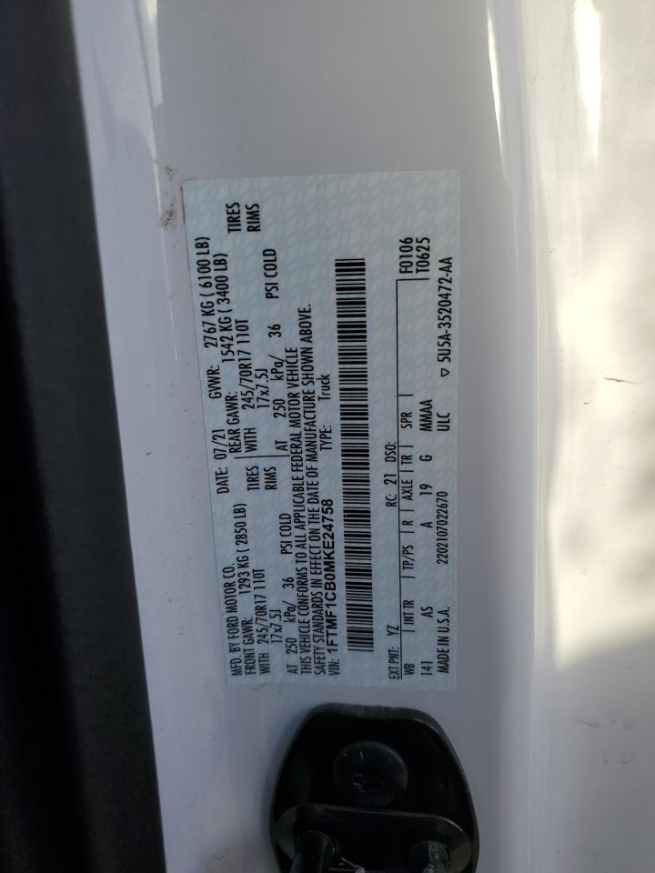 2021 Ford F-150 VIN 1FTMF1CB0MKE24758 Copart auction photo, front end damage thumbnail 13