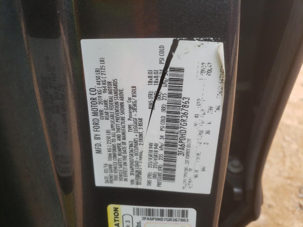 2016 Ford Fusion VIN 3FA6P0HD7GR367863 Copart auction photo, mechanical damage thumbnail 12