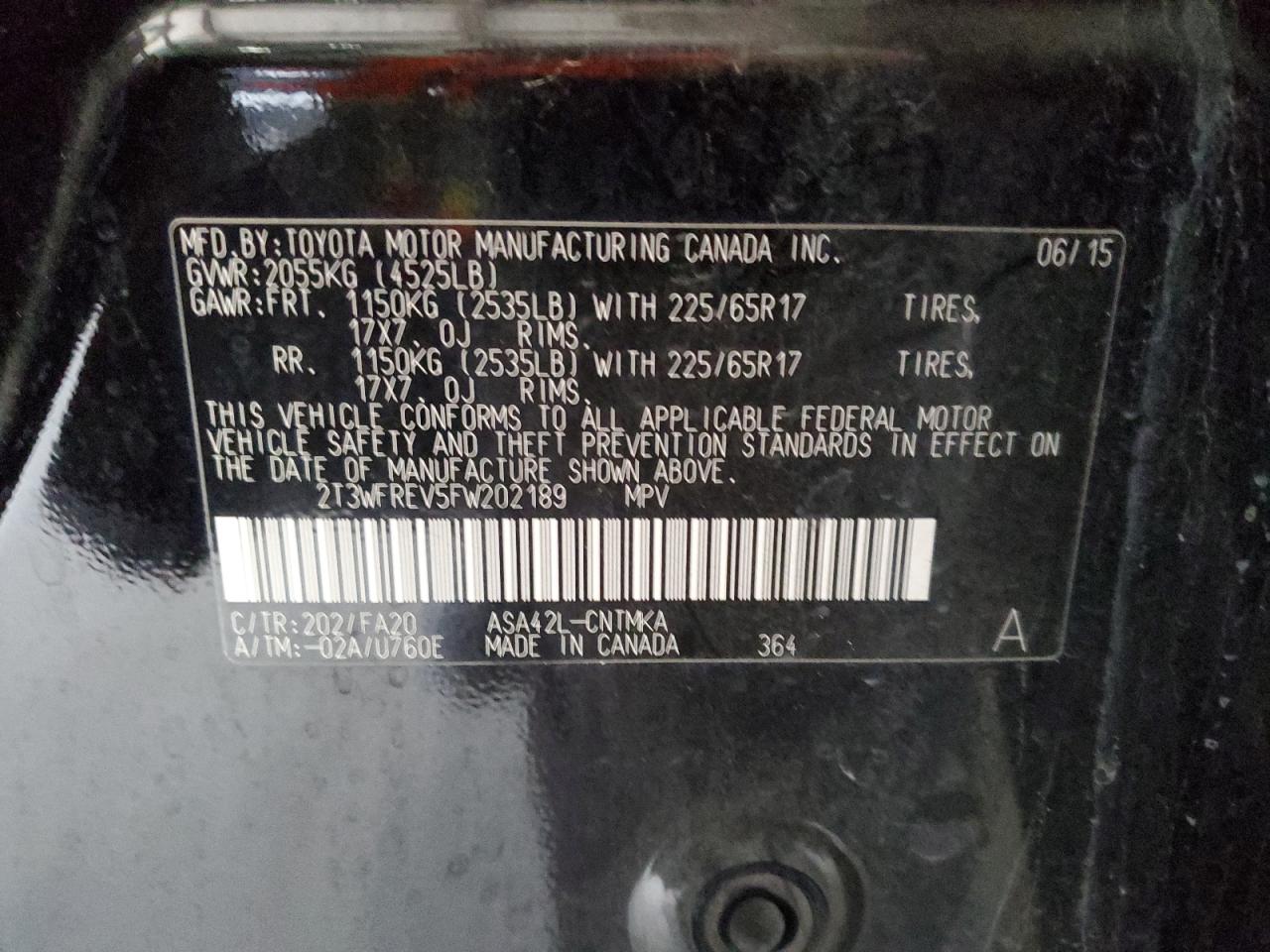 2015 Toyota RAV 4 VIN 2T3WFREV5FW202189 Copart auction photo, front end / side damage thumbnail 15