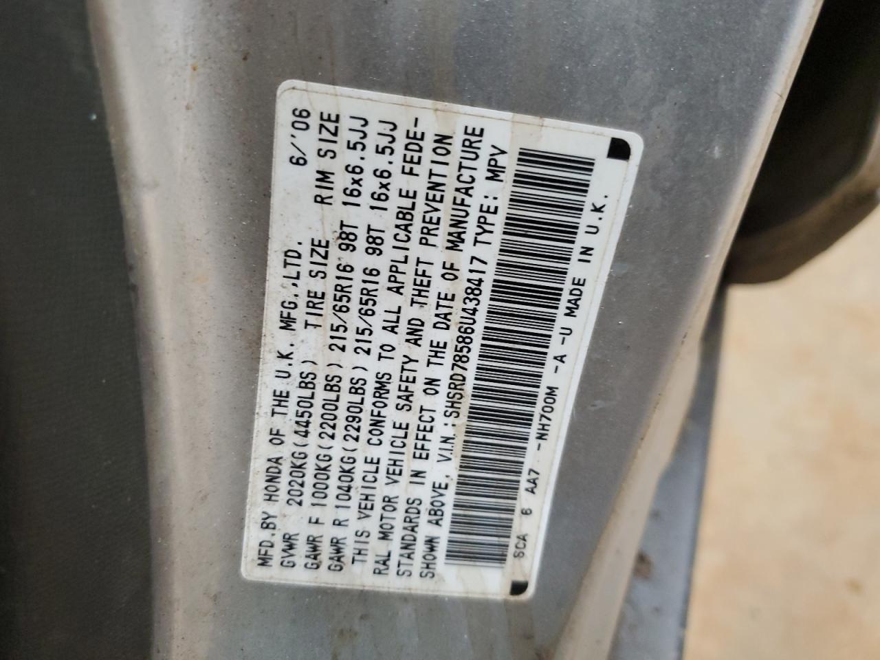 2006 Honda CR-V VIN SHSRD78586U438417 Copart auction photo, all over damage thumbnail 13