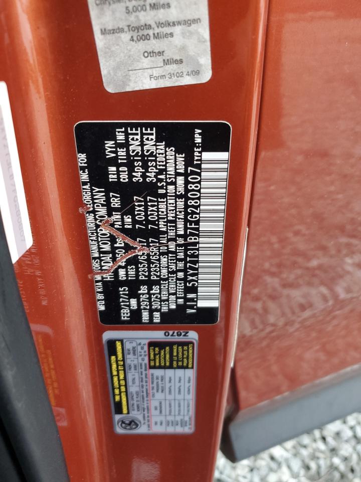 2015 Hyundai Santa Fe VIN 5XYZT3LB7FG280807 Copart auction photo, vandalism damage thumbnail 13