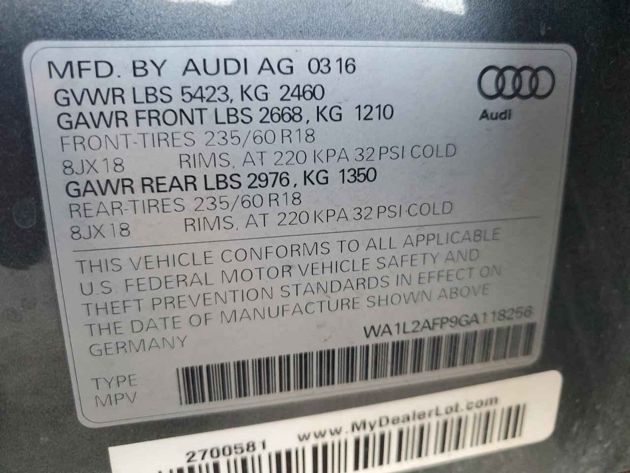 2016 Audi Q5 VIN WA1L2AFP9GA118256 Copart auction photo, all over damage thumbnail 14