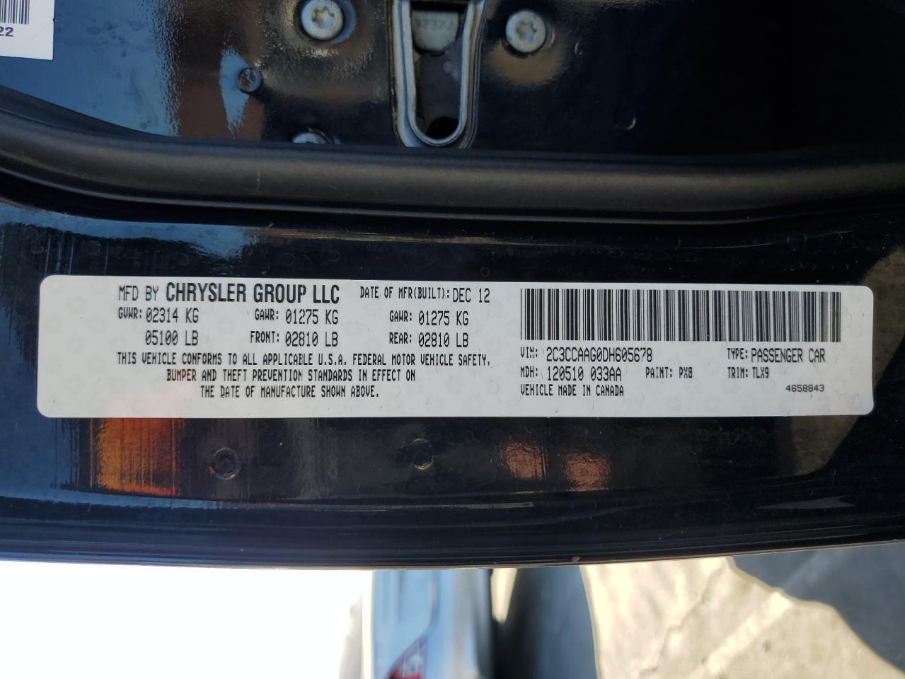 2013 Chrysler 300 VIN 2C3CCAAG0DH605678 Copart auction photo, frame damage damage thumbnail 13