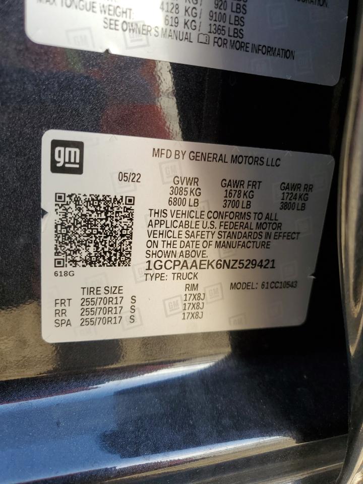 2022 Chevrolet Silverado VIN 1GCPAAEK6NZ529421 Copart auction photo, rear end damage thumbnail 14