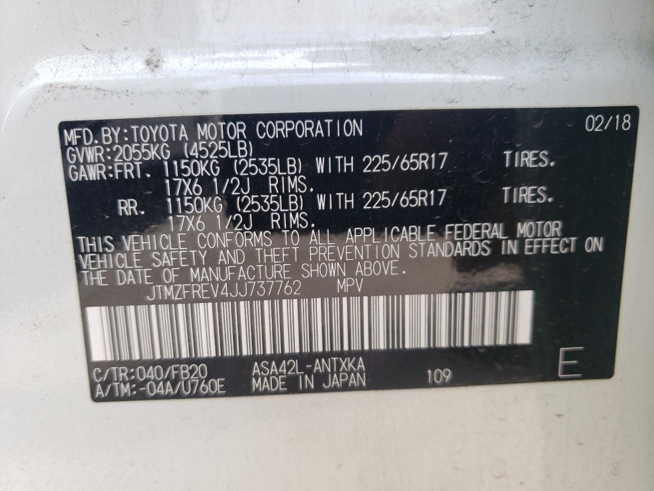 2018 Toyota RAV 4 VIN JTMZFREV4JJ737762 Copart auction photo, all over damage thumbnail 13