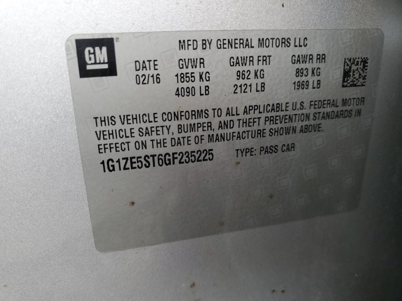 2016 Chevrolet Malibu VIN 1G1ZE5ST6GF235225 Copart auction photo, rear end damage thumbnail 12