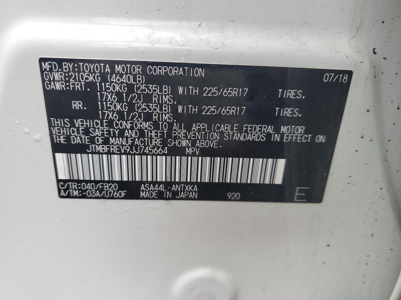 2018 Toyota RAV 4 VIN JTMBFREV9JJ745664 Copart auction photo, all over damage thumbnail 14