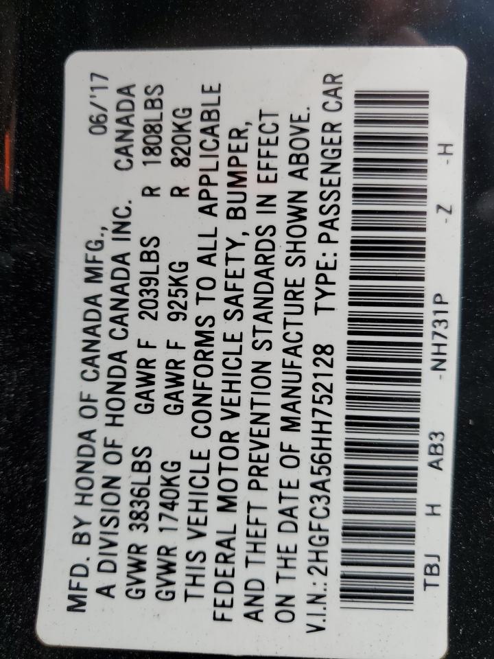 2017 Honda Civic VIN 2HGFC3A56HH752128 Copart auction photo, all over damage thumbnail 13