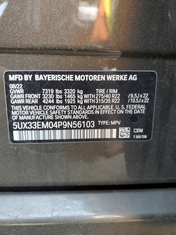 2023 BMW X7 VIN 5UX33EM04P9N56103 Copart auction photo, rear end / front end damage thumbnail 13
