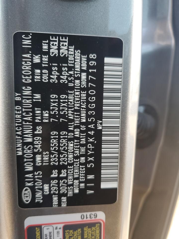 2016 KIA Sorento VIN 5XYPK4A53GG077198 Copart auction photo, front end / minor dent/scratches damage thumbnail 13