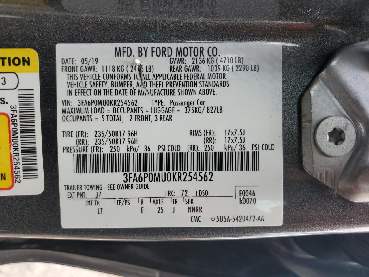 2019 Ford Fusion VIN 3FA6P0MU0KR254562 Copart auction photo, front end damage thumbnail 12