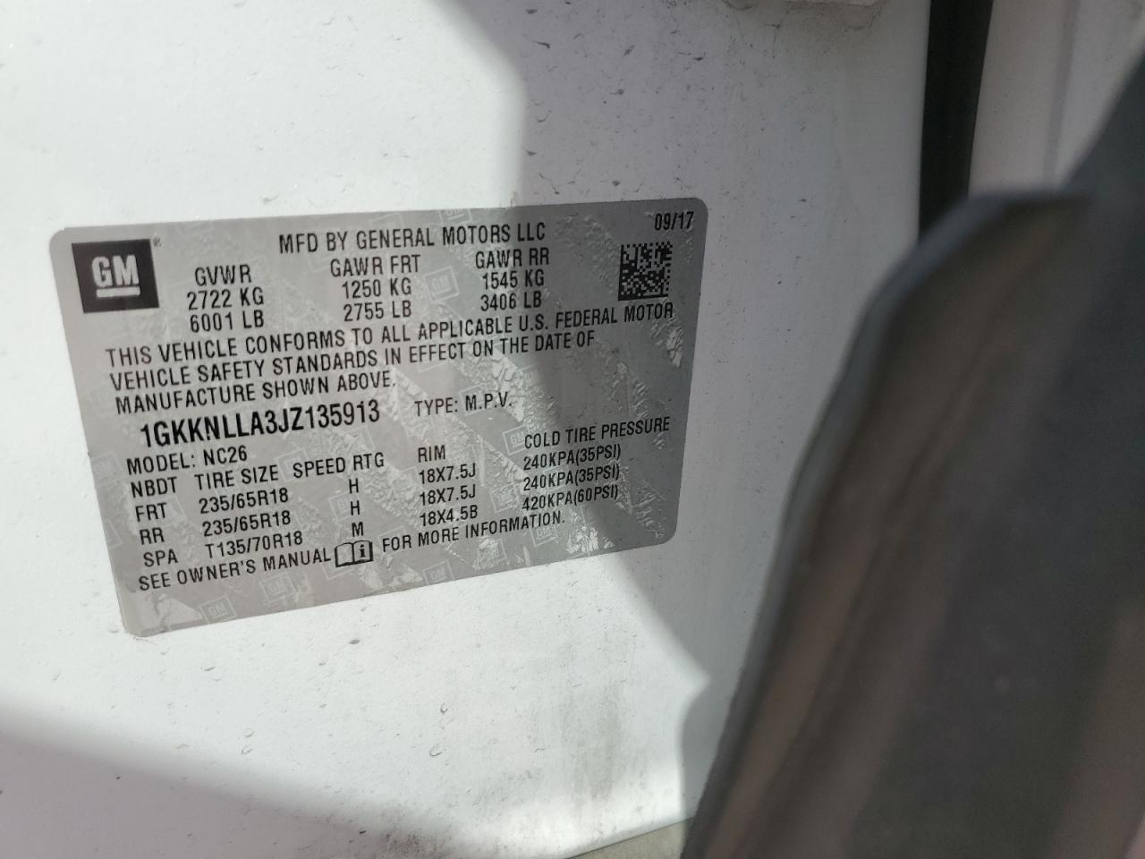 2018 GMC Acadia VIN 1GKKNLLA3JZ135913 Copart auction photo, side / minor dent/scratches damage thumbnail 13