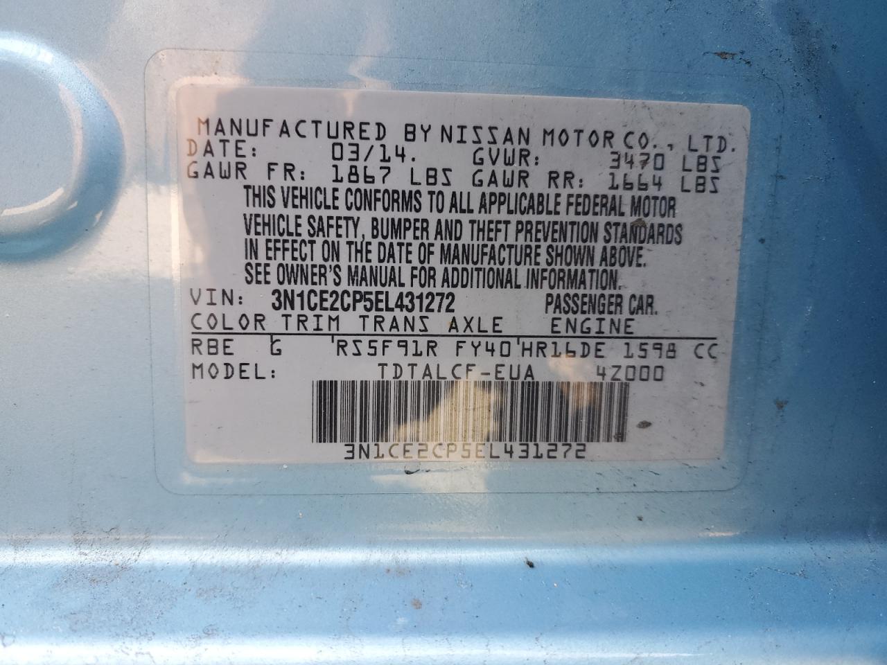 2014 Nissan Versa VIN 3N1CE2CP5EL431272 Copart auction photo, front end / side damage thumbnail 15