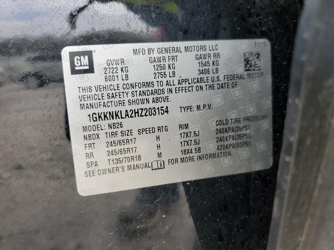2017 GMC Acadia VIN 1GKKNKLA2HZ203154 Copart auction photo, front end damage thumbnail 13