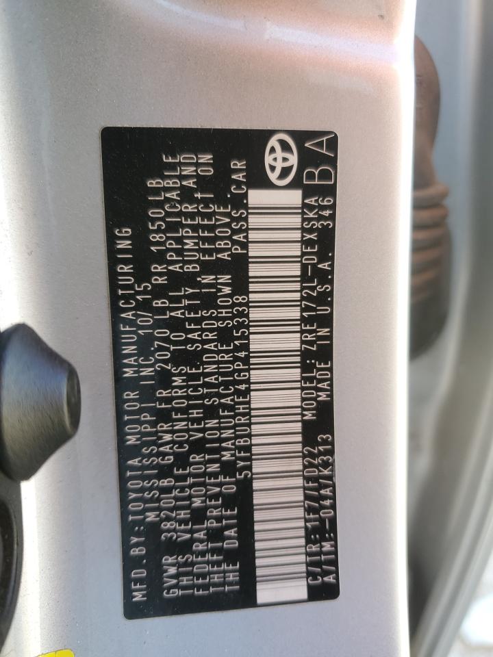 2016 Toyota Corolla VIN 5YFBURHE4GP415338 Copart auction photo, front end damage thumbnail 14