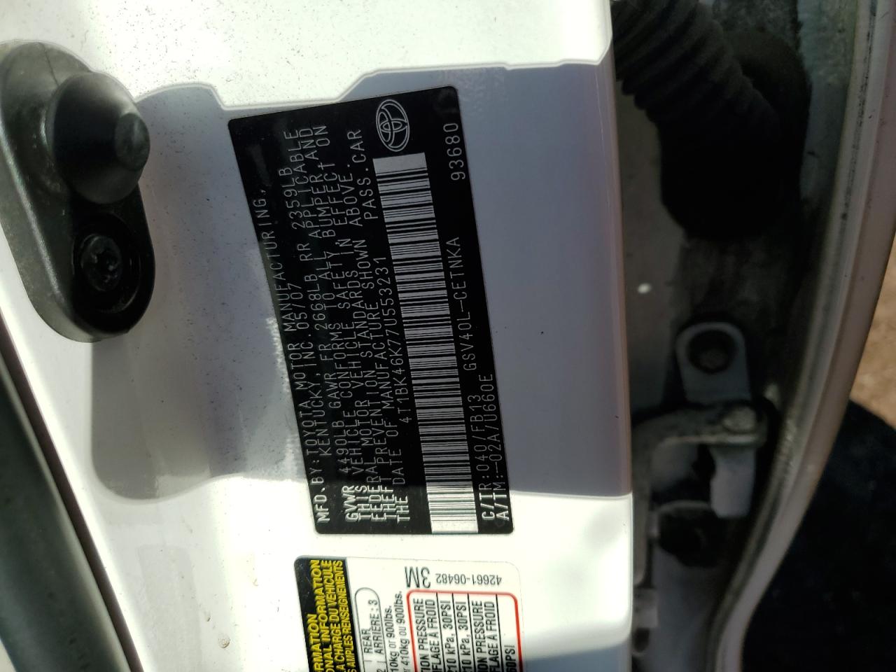 2007 Toyota Camry VIN 4T1BK46K77U553231 Copart auction photo, front end damage thumbnail 12