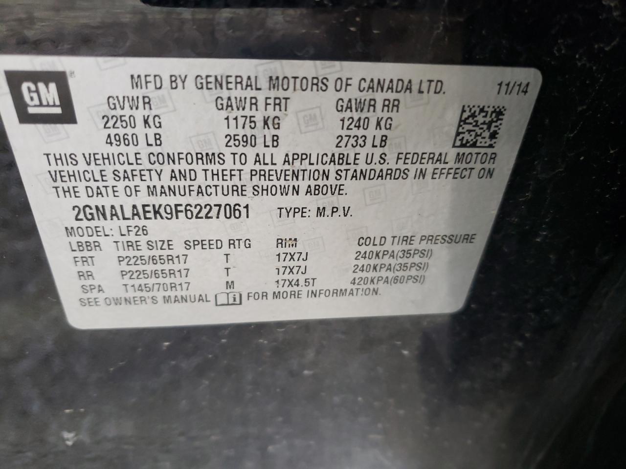 2015 Chevrolet Equinox VIN 2GNALAEK9F6227061 Copart auction photo, front end / minor dent/scratches damage thumbnail 13