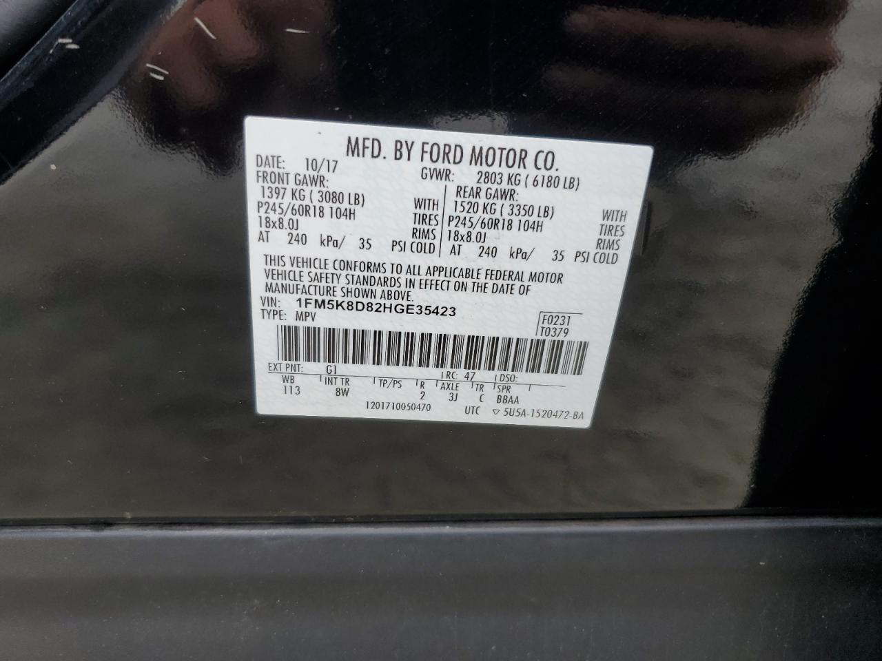 2017 Ford Explorer VIN 1FM5K8D82HGE35423 Copart auction photo, front end damage thumbnail 14