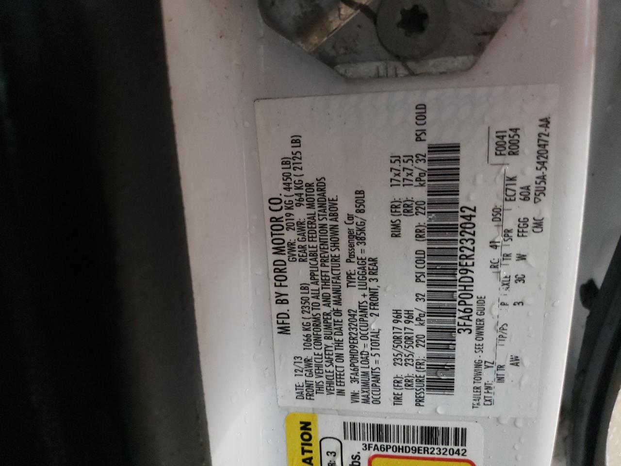 2014 Ford Fusion VIN 3FA6P0HD9ER232042 Copart auction photo, front end damage thumbnail 13
