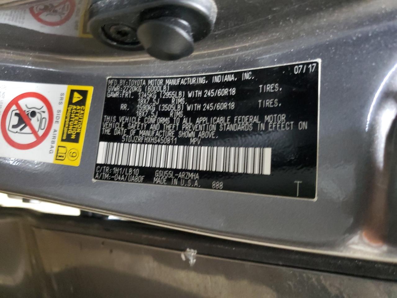 2017 Toyota Highlander VIN 5TDJZRFHXHS450811 Copart auction photo, side damage thumbnail 13