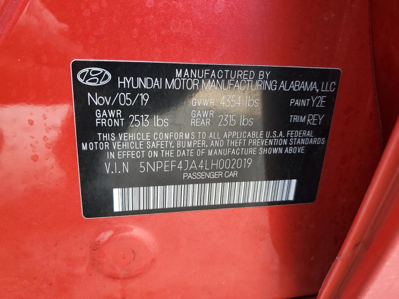 2020 Hyundai Sonata VIN 5NPEF4JA4LH002019 Copart auction photo, front end / rear end damage thumbnail 15