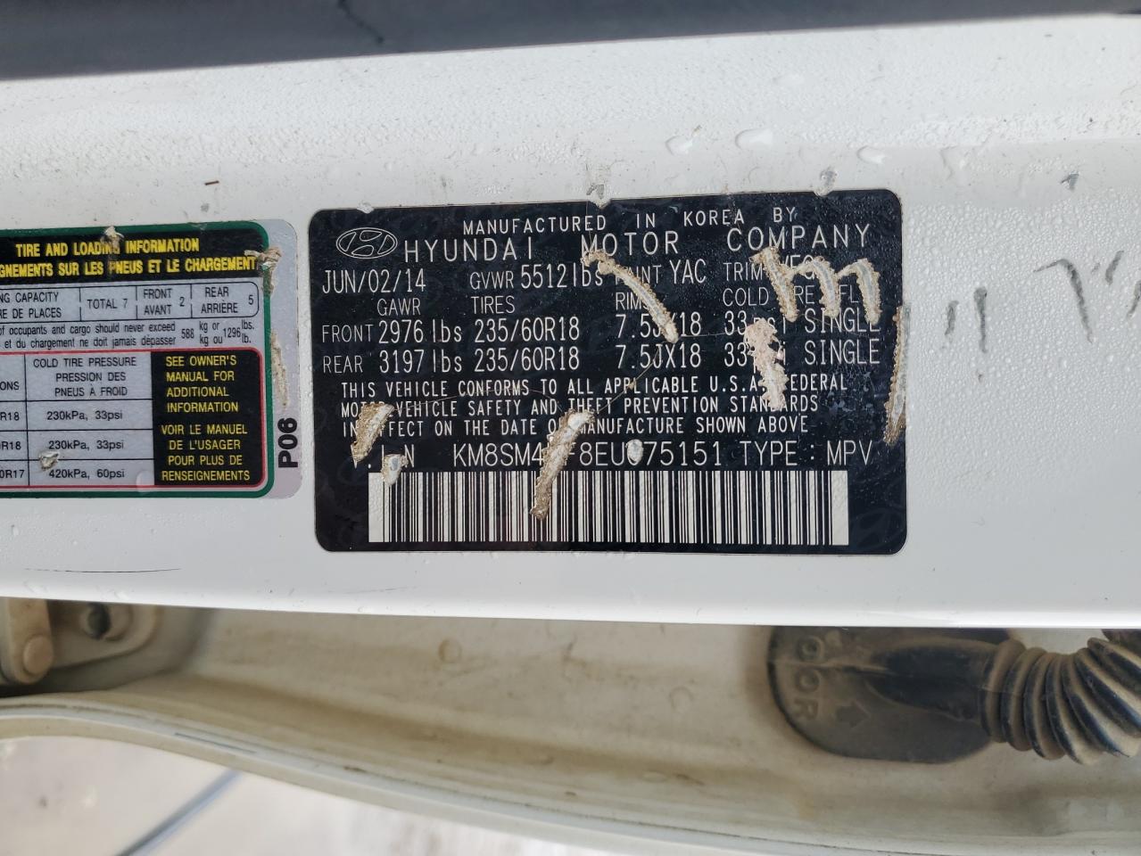 2014 Hyundai Santa Fe VIN KM8SM4HF8EU075151 Copart auction photo, side / front end damage thumbnail 15