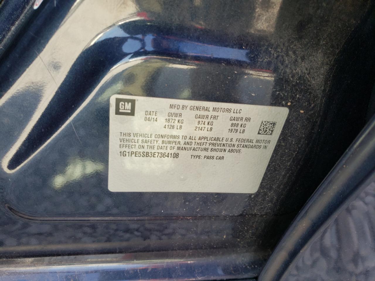 2014 Chevrolet Cruze VIN 1G1PE5SB3E7364108 Copart auction photo, front end damage thumbnail 12