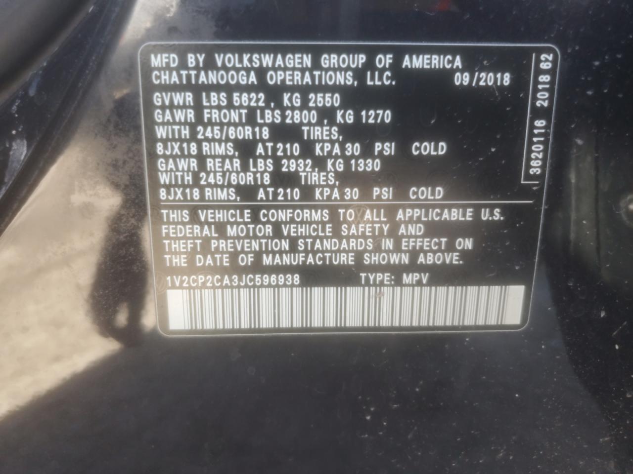 2018 Volkswagen Atlas VIN 1V2CP2CA3JC596938 Copart auction photo, front end damage thumbnail 15