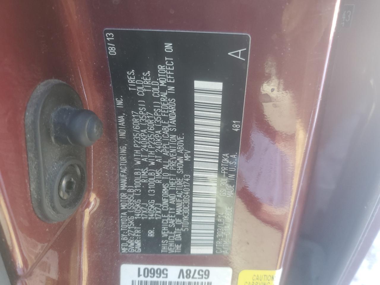 2013 Toyota Sienna VIN 5TDYK3DC3DS401743 Copart auction photo, front end / minor dent/scratches damage thumbnail 15