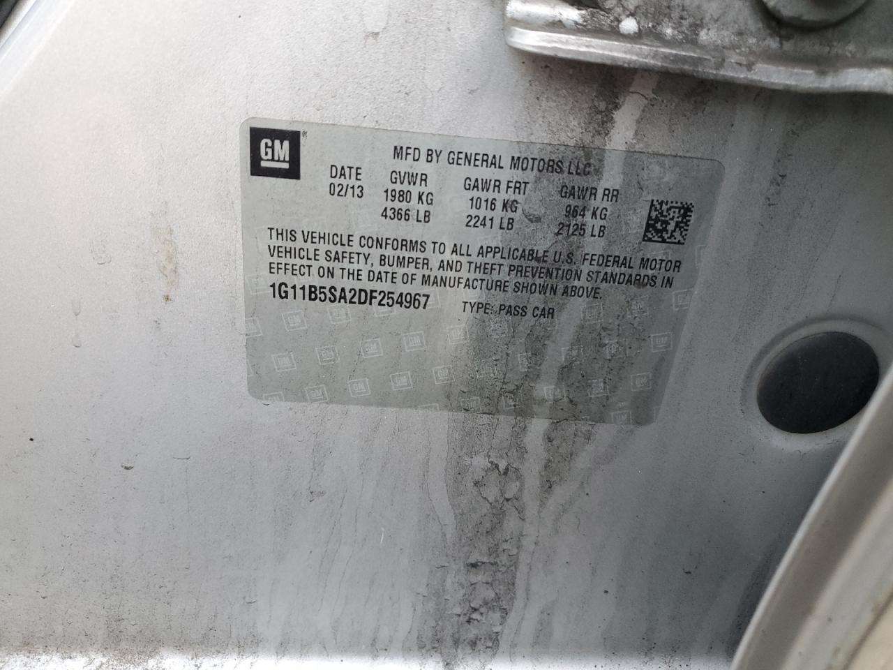 2013 Chevrolet Malibu VIN 1G11B5SA2DF254967 Copart auction photo, front end / rear end damage thumbnail 12
