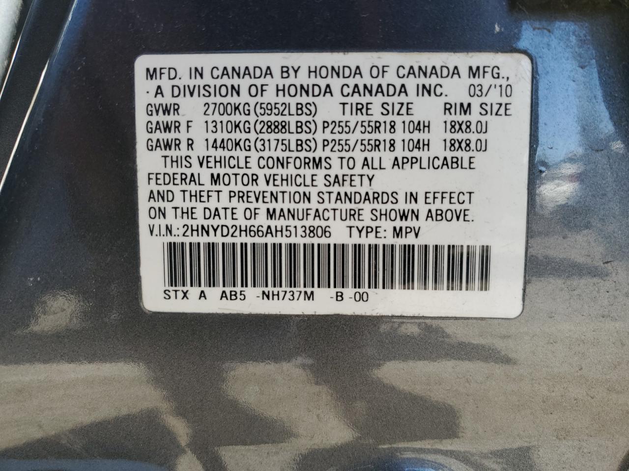 2010 Acura MDX VIN 2HNYD2H66AH513806 Copart auction photo, top/roof / side damage thumbnail 13