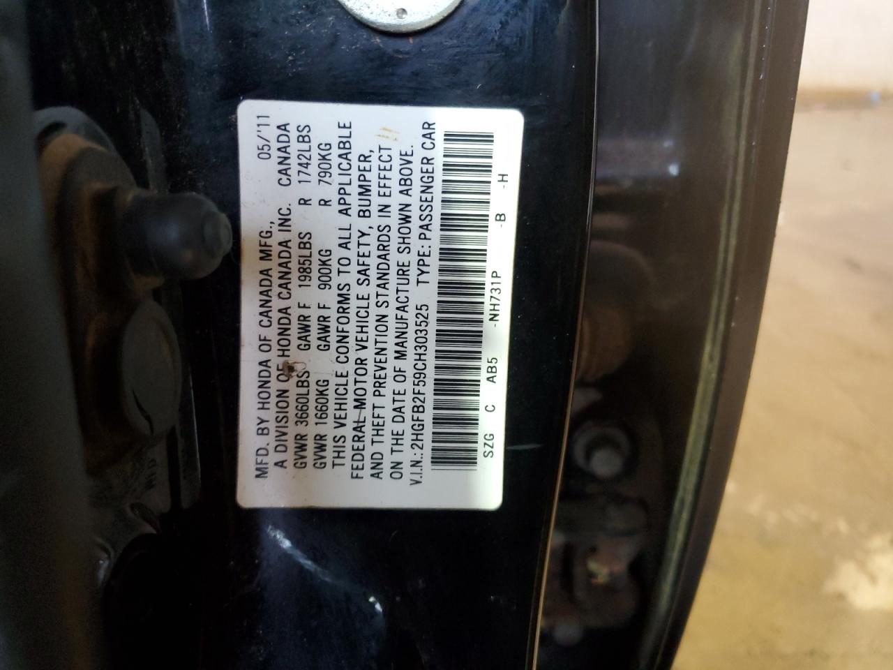 2012 Honda Civic VIN 2HGFB2F59CH303525 Copart auction photo, rear end damage thumbnail 14