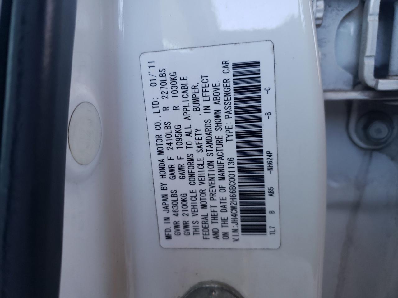 2011 Acura TSX VIN JH4CW2H66BC001136 Copart auction photo, mechanical damage thumbnail 12