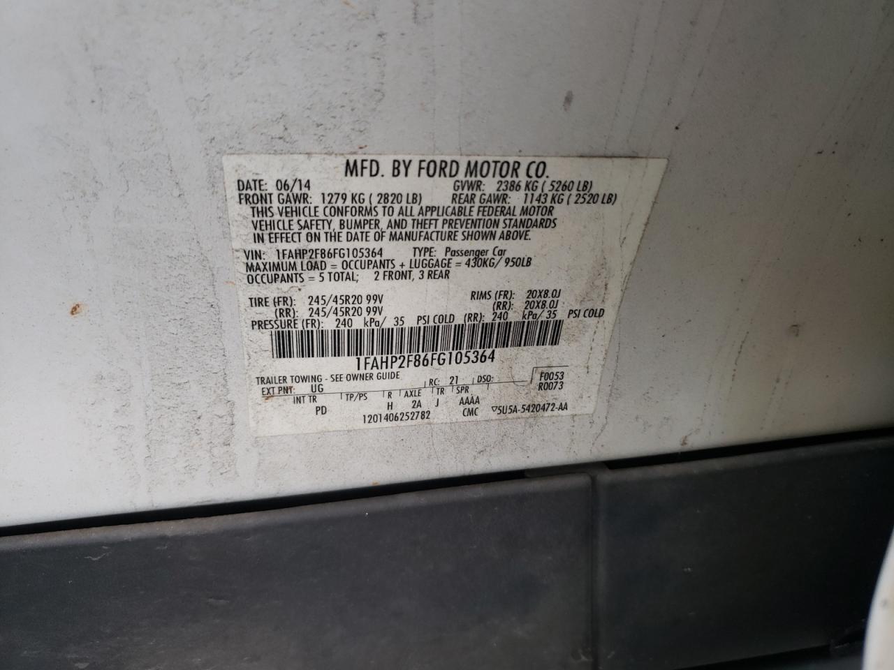 2015 Ford Taurus VIN 1FAHP2F86FG105364 Copart auction photo, front end / minor dent/scratches damage thumbnail 12