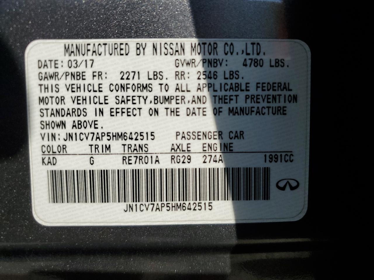 2017 Infiniti Q50 VIN JN1CV7AP5HM642515 Copart auction photo, undercarriage damage thumbnail 14