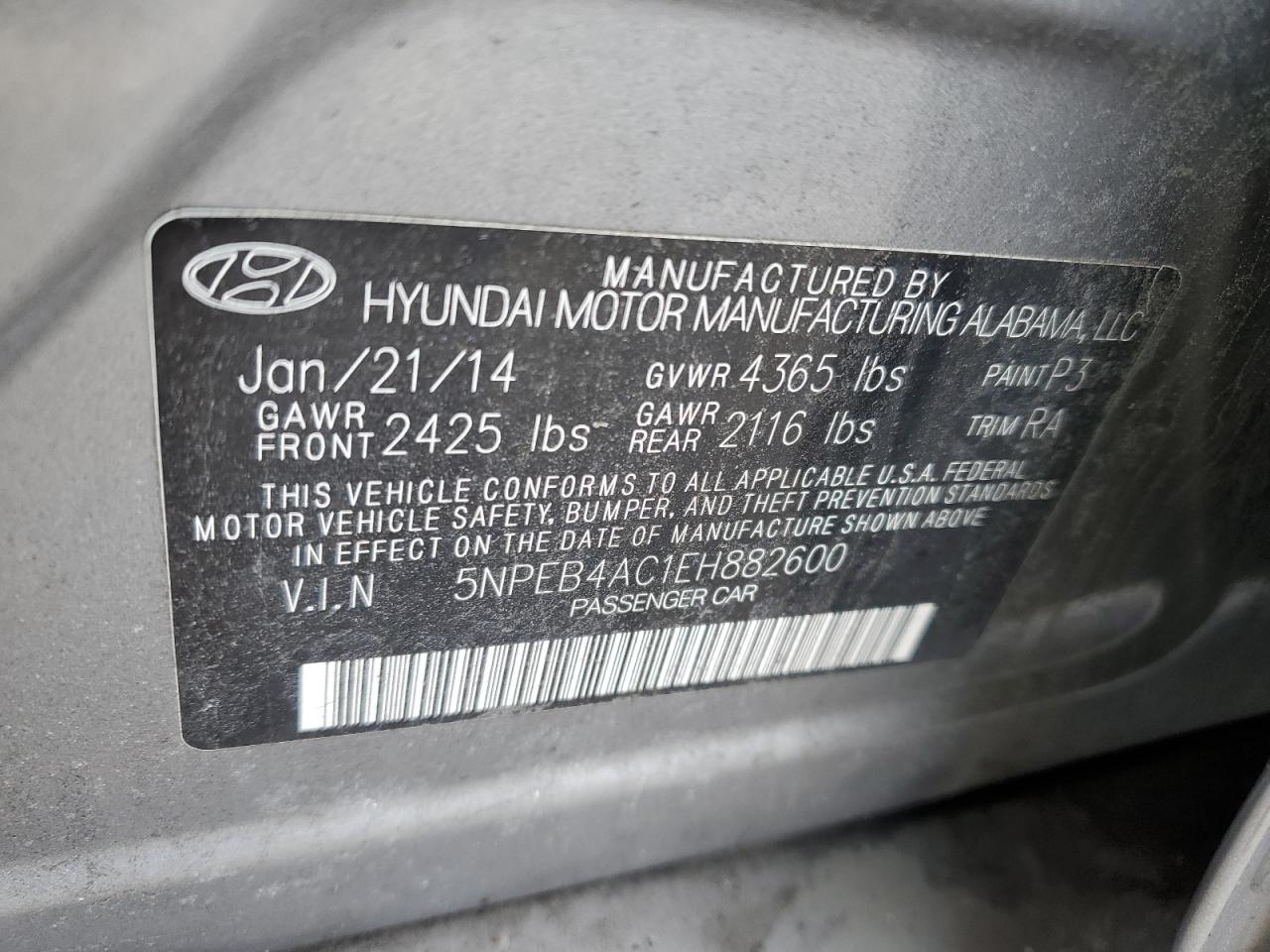 2014 Hyundai Sonata VIN 5NPEB4AC1EH882600 Copart auction photo, rear end damage thumbnail 12