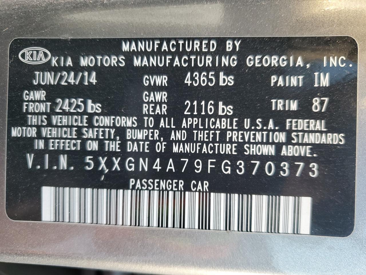 2015 KIA Optima VIN 5XXGN4A79FG370373 Copart auction photo, front end damage thumbnail 12