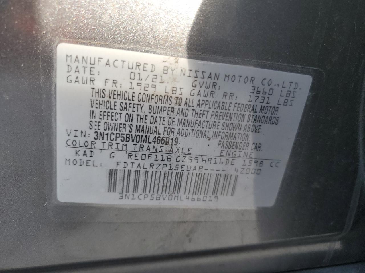 2021 Nissan Kicks VIN 3N1CP5BV0ML466019 Copart auction photo, water/flood damage thumbnail 13