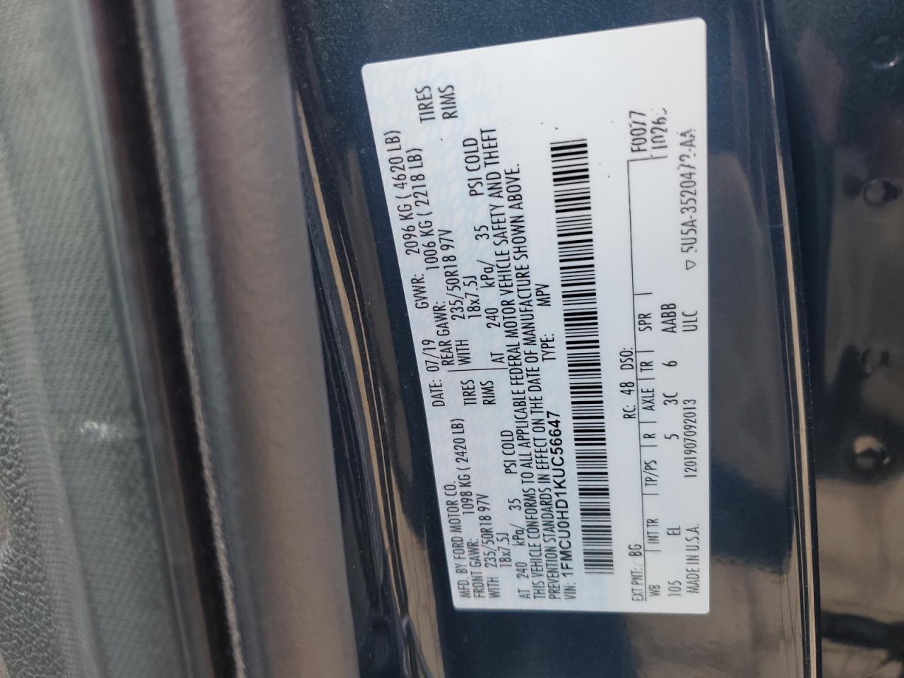 2019 Ford Escape VIN 1FMCU0HD1KUC56647 Copart auction photo, front end damage thumbnail 15