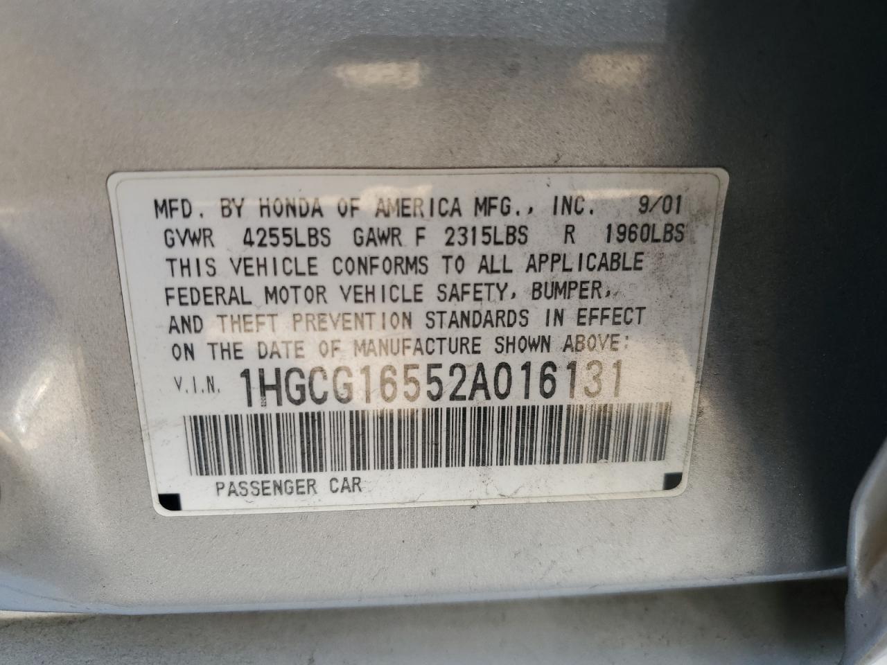 2002 Honda Accord VIN 1HGCG16552A016131 Copart auction photo, front end damage thumbnail 12