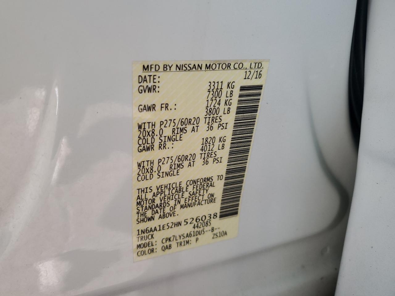 2017 Nissan Titan VIN 1N6AA1E52HN526038 Copart auction photo, front end / minor dent/scratches damage thumbnail 12