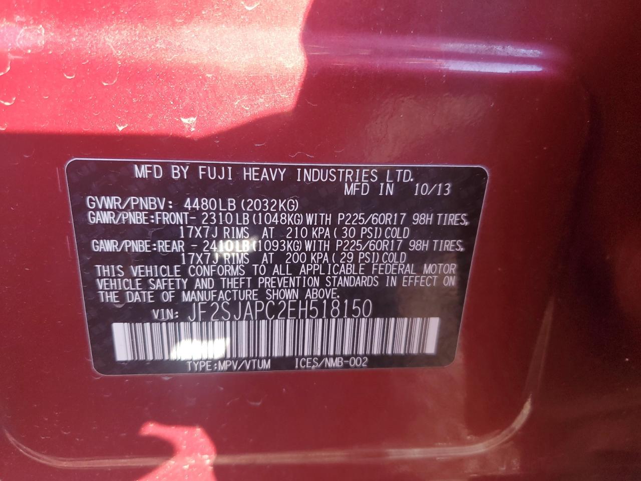 2014 Subaru Forester VIN JF2SJAPC2EH518150 Copart auction photo, side damage thumbnail 13