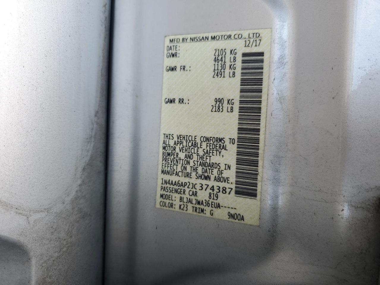 2018 Nissan Maxima VIN 1N4AA6AP2JC374387 Copart auction photo, front end / rear end damage thumbnail 15