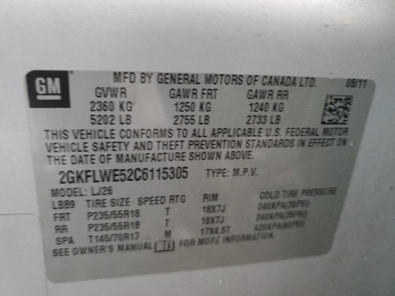 2012 GMC Terrain VIN 2GKFLWE52C6115305 Copart auction photo, front end / side damage thumbnail 12