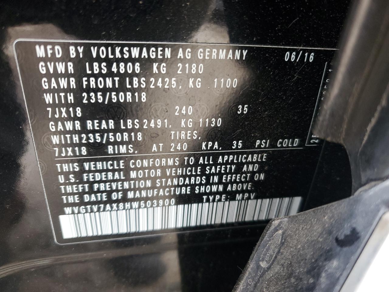 2017 Volkswagen Tiguan VIN WVGTV7AX8HW503900 Copart auction photo, hail damage thumbnail 13
